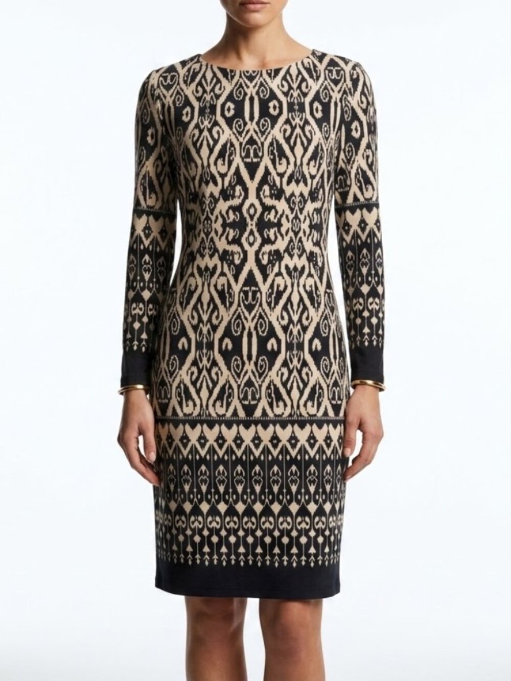 Hype Dark Whimsigoth Ikat Damask Sheath Dress Long Sleeve Blk Tan Midi Sz Large